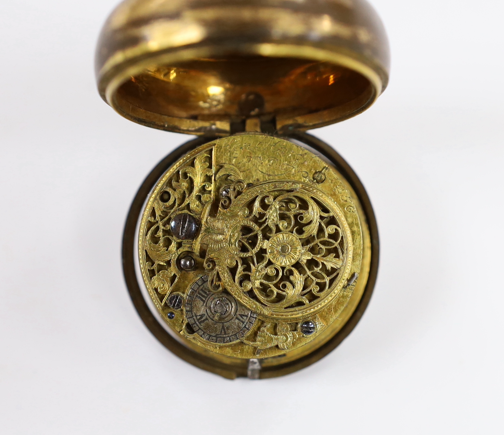 A mid 18th century gilt metal pair cased verge pocket watch, by Henry Hurt, London, (a.f.), outer case diameter 46mm.